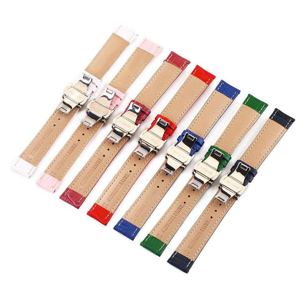 12mm 13mm 14mm 15mm 16mm 17mm 18mm 19mm 20mm White / Red / Pink / Blue / Dark Blue / Purple / Green Leather Watch Strap with Deployant Clasp [W147]