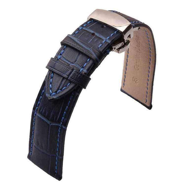Black 12mm 14mm 16mm 18mm 20mm 22mm Blue Leather Watch Strap with Deployant Clasp [W046]