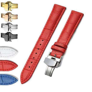 Maroon 12mm 14mm 16mm 17mm 18mm 19mm 20mm Red / White / Blue Leather Watch Strap with Deployant/Butterfly Clasp [W148]