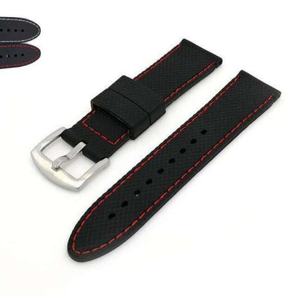 Black 18mm 20mm 22mm 24mm Black Rubber Watch Strap with White / Red Threads [W124]