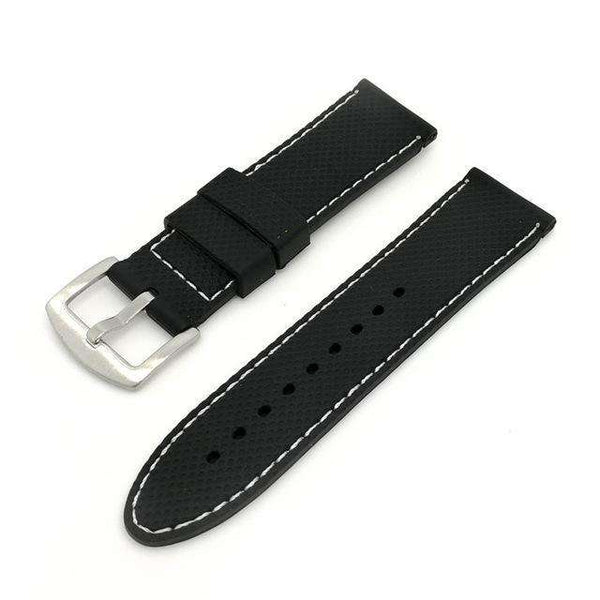 18mm 20mm 22mm 24mm Black Rubber Watch Strap with White / Red Threads [W124]