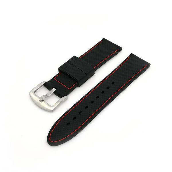 20mm 22mm Black Rubber Watch Strap with White / Red Threads [W124]