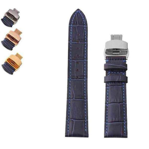 Dark Slate Gray 12mm 14mm 16mm 18mm 20mm 22mm Blue Leather Watch Strap with Deployant Clasp [W046]