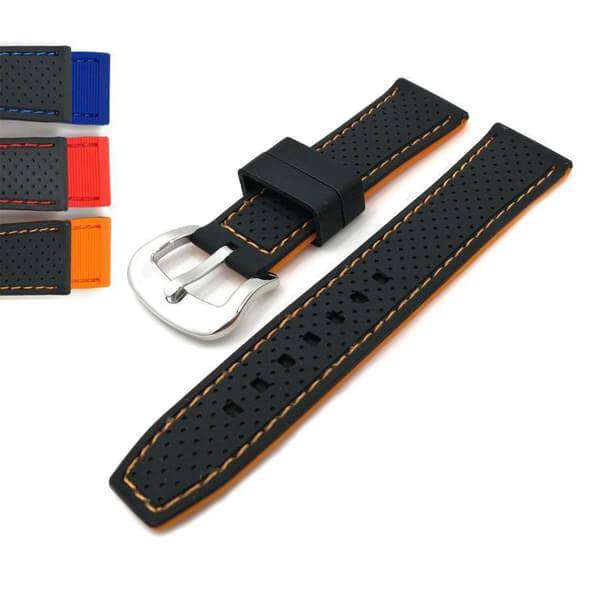 Dark Slate Gray 20mm 22mm 24mm Black Rubber Watch Strap with Orange / Red / Blue Threads [W125]