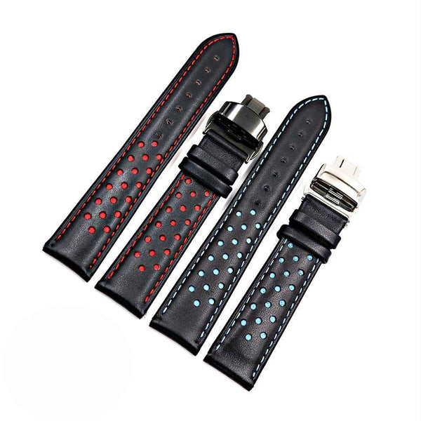 20mm 22mm Blue / Red Leather Watch Strap with Silver / Gold / Rose Gold / Black Deployant Clasp [W136]