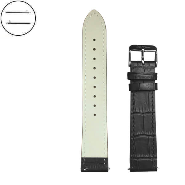 20mm Black Leather Watch Strap with Silver Buckle and Quick Release Pin