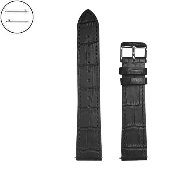 20mm Black Leather Watch Strap with Silver Buckle and Quick Release Pin