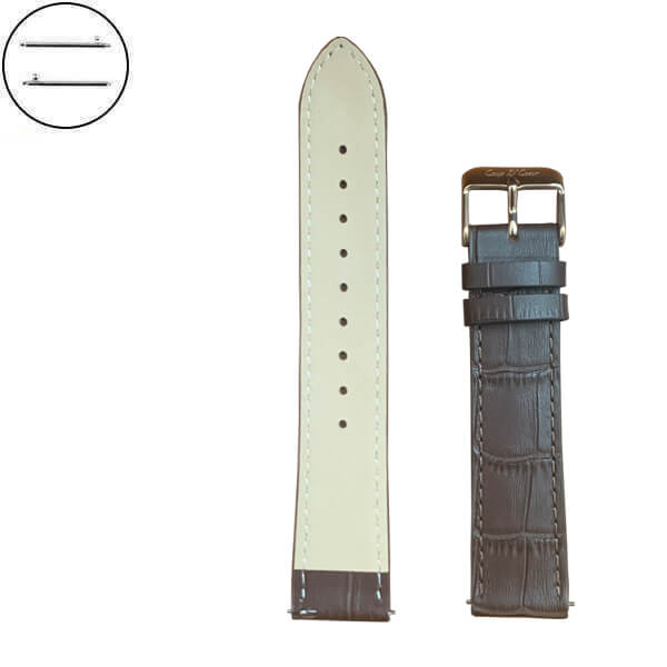 20mm Brown Leather Watch Strap with Rose Gold Buckle and Quick Release Pin