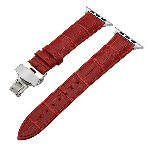 White / Red / Pink / Blue / Purple / Green / Brown / Grey / Black Leather Watch Band with Deployant Buckle for Apple Watch [W156]