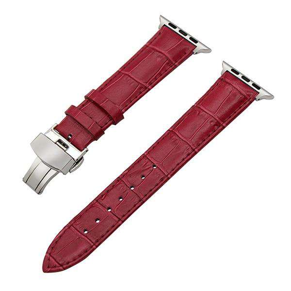 White / Red / Pink / Blue / Purple / Green / Brown / Grey / Black Leather Watch Band with Deployant Buckle for Apple Watch [W156]