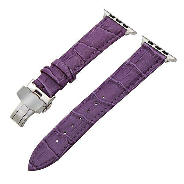 White / Red / Pink / Blue / Purple / Green / Brown / Grey / Black Leather Watch Band with Deployant Buckle for Apple Watch [W156]